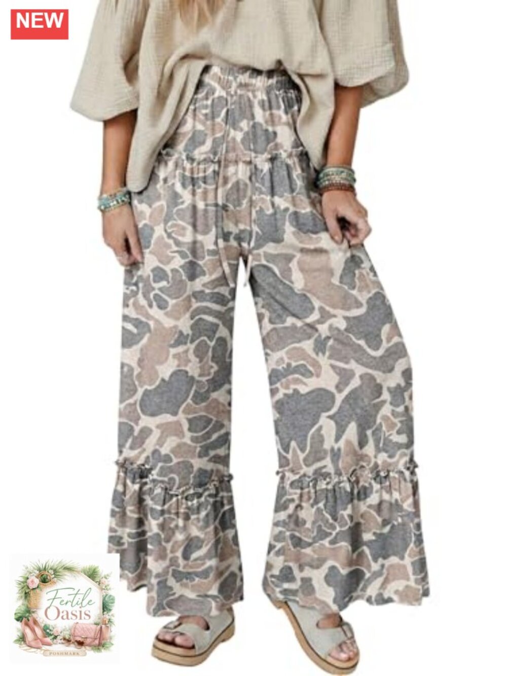 Womens Camo Wide Leg Drawstring Flowy Palazzo Pants